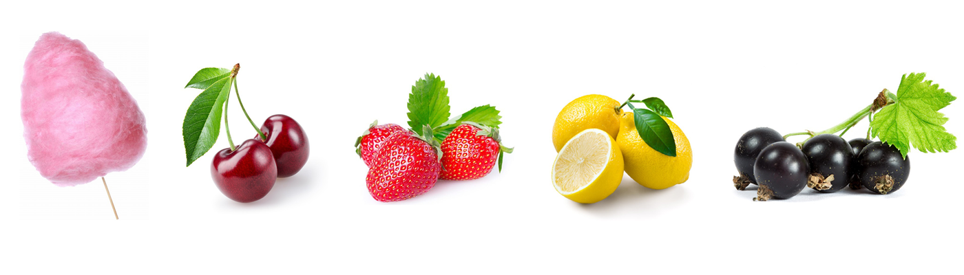 Citron • Cassis • Fraise • Cerise • Barbe à papa